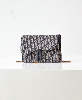 디올 새들 파우치 블루 디올 오블리크 자카드