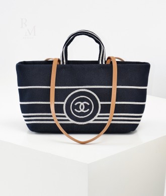 샤넬 데님 캔버스 숄더 비치백