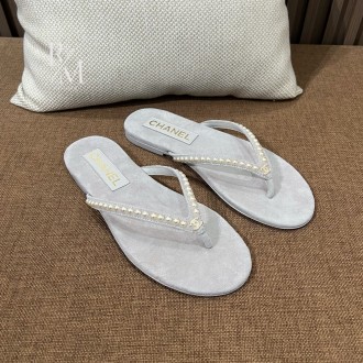샤넬 진주 벨벳 플립플랍 샌들