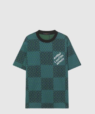 자카드 다미에 쇼트 슬리브드 코튼 크루넥