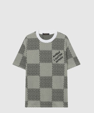 자카드 다미에 쇼트 슬리브드 코튼 크루넥