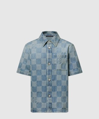 다미에 3D 라이트 데님 쇼트 슬리브드 셔츠