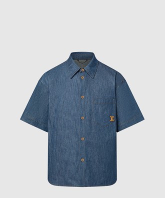 쇼트 슬리브드 코튼 샴브레이 셔츠