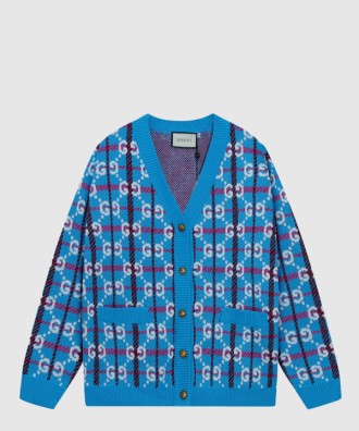 GG 로고 체크 소프트 울 브이넥 가디건